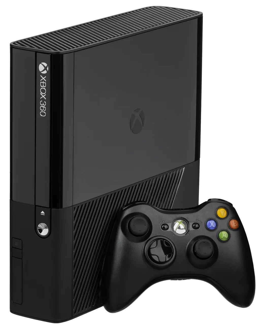 Black Xbox 360 E console standing beside a black controller